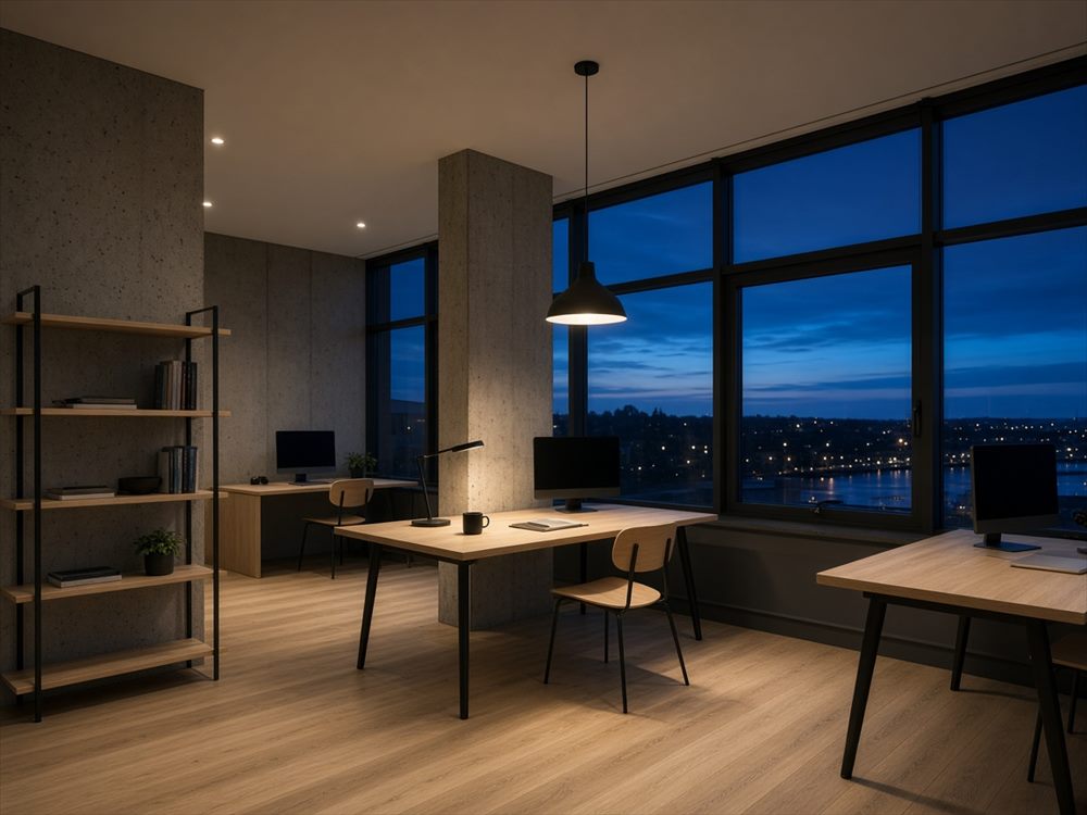The Nordic Cloud office in Kolding at dusk, oak desks and large windows