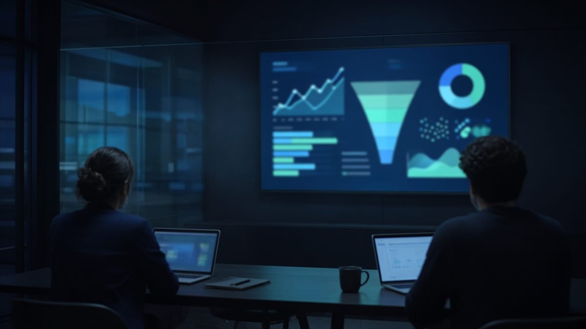 Team reviewing a revenue dashboard on a wall display in a dark meeting room